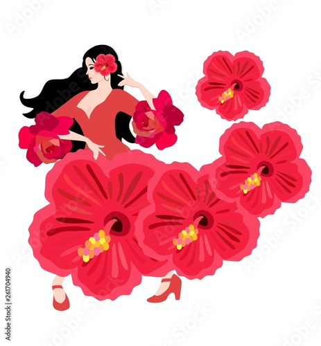 Young spanish girl dressed in fantasy red dress with hibiscus flowers dancing flamenco isolated on white background.