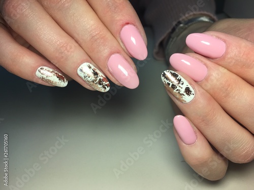 fashion pink manicure stylish gold foil design