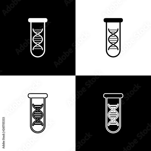 Set DNA research, search icons isolated on black and white background. Genetic engineering, genetics testing, cloning, paternity testing. Line, outline and linear icon. Vector Illustration
