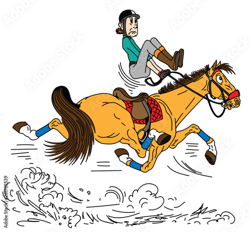 cartoon rider riding a horse . The adult man sitting on a fast trotting horseback and trying to balance in the saddle . Lesson of equestrian sport . Side view vector illustration