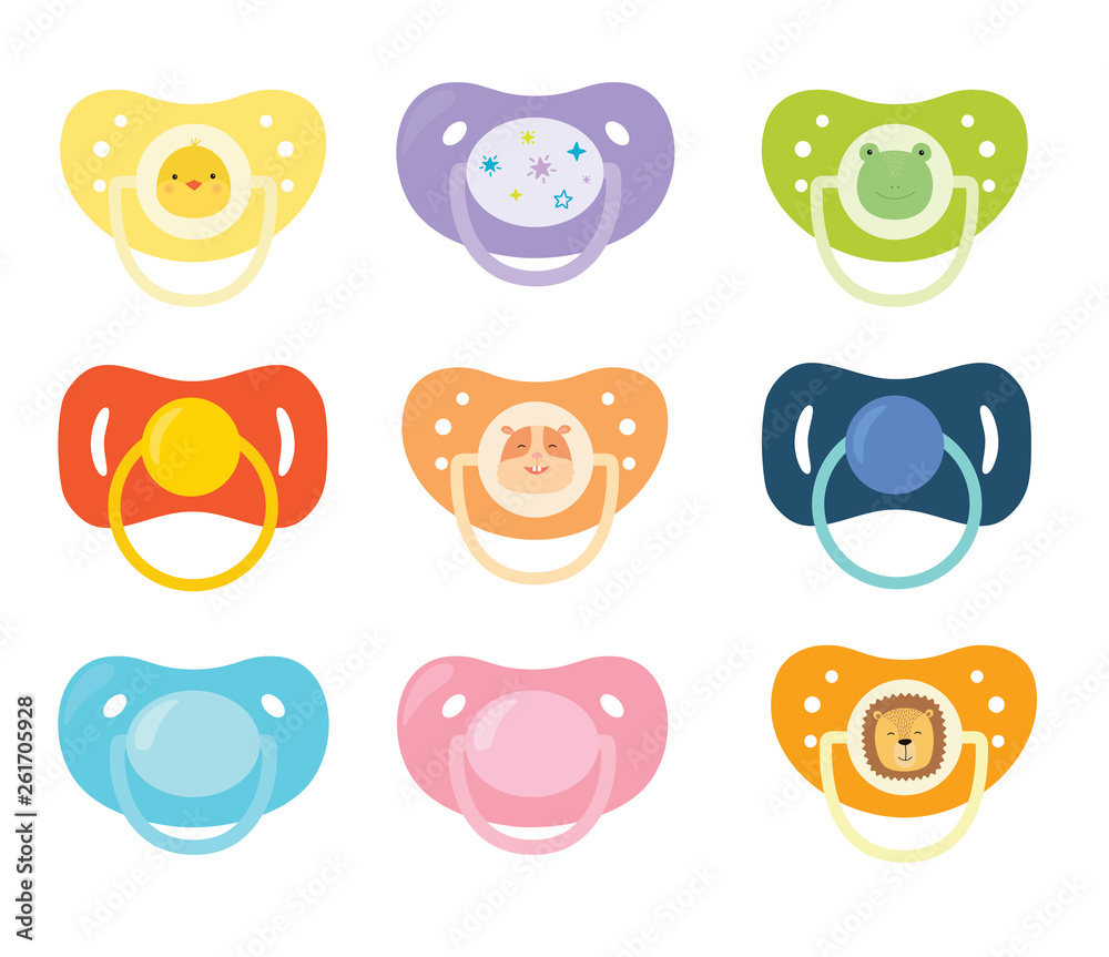 Set of children's pacifiers. Baby care equipment. Vector illustration. Set of children's pacifiers. Baby care equipment. Vector illustration.