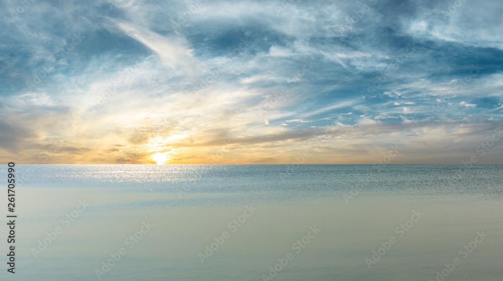 Calm river and sunset sky background