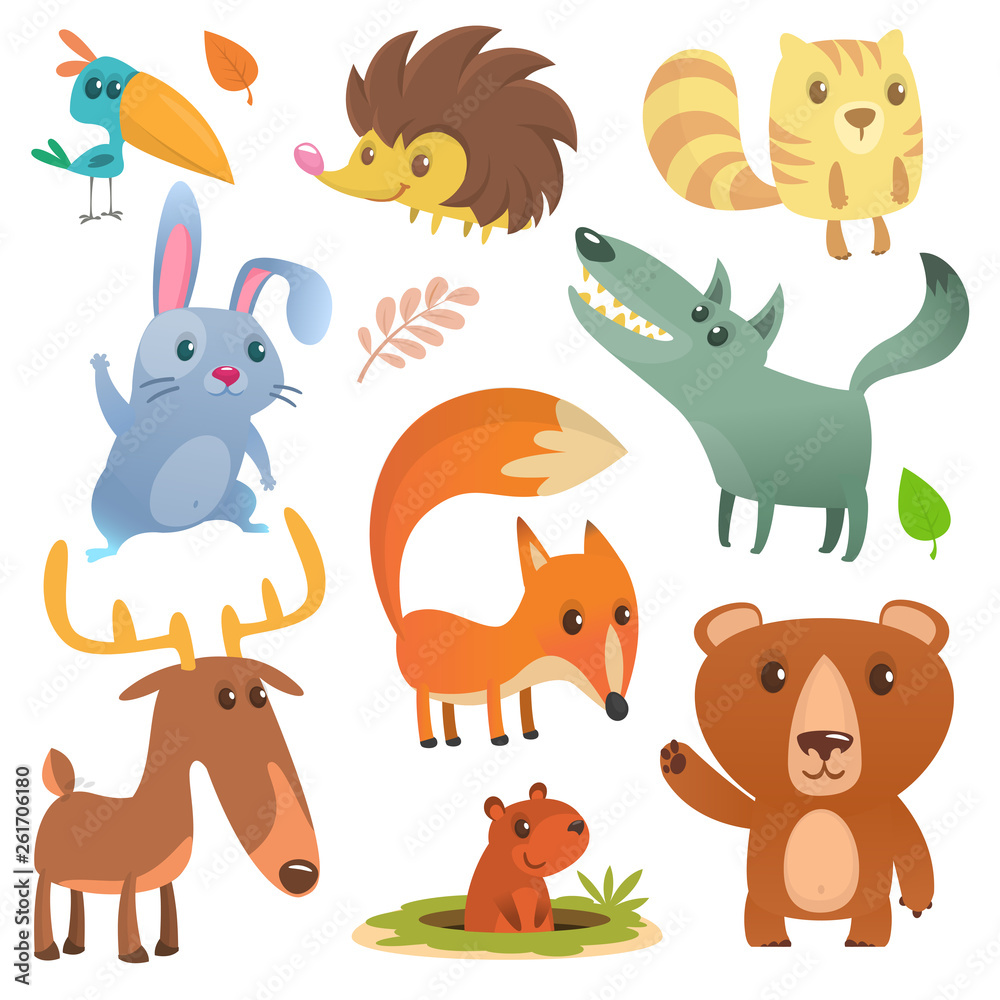 Cartoon forest animal. Wild cartoon cute animals flat vector illustration design. Squirrel, hedgehog, hamster, wolf, fox, toucan bird, bear, deer Cartoon forest animal. Wild cartoon cute animals flat vector illustration design. Squirrel, hedgehog, hamster, wolf, fox, toucan bird, bear, deer