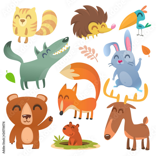 Cartoon forest animals big set. Flat vector illustrations design. Squirrel  hedgehog  hamster  wolf  fox  toucan bird  bear  deer