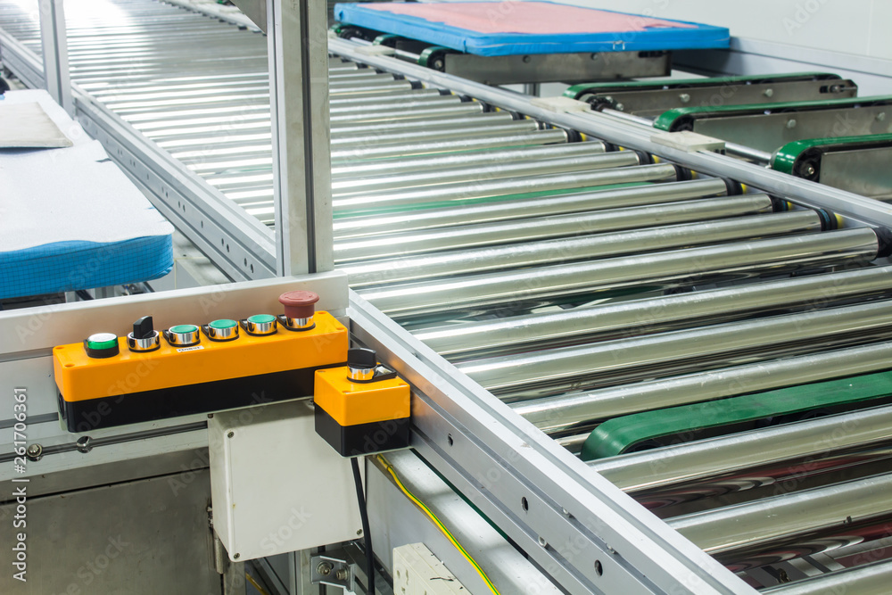 The emergency stop button on conveyor chain, and conveyor belt or auto machine  in production line area.