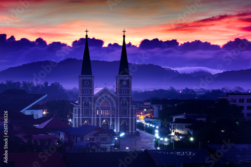 beautiful sunrise at Catholic Church in Chantaburi, Thailand photo