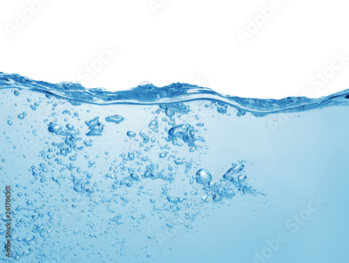 blue water with wave and air bubbles on white background