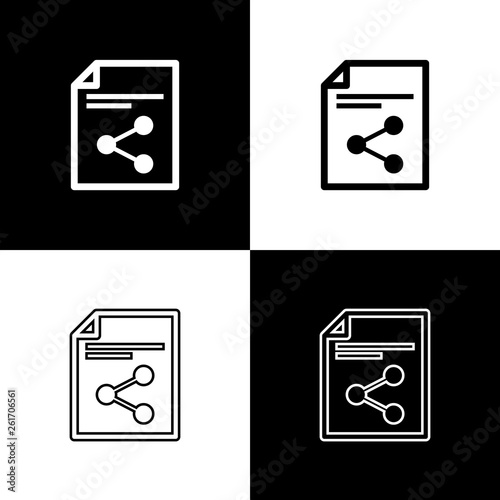 Set Share file icons isolated on black and white background. File sharing. File transfer sign. Line, outline and linear icon. Vector Illustration photo