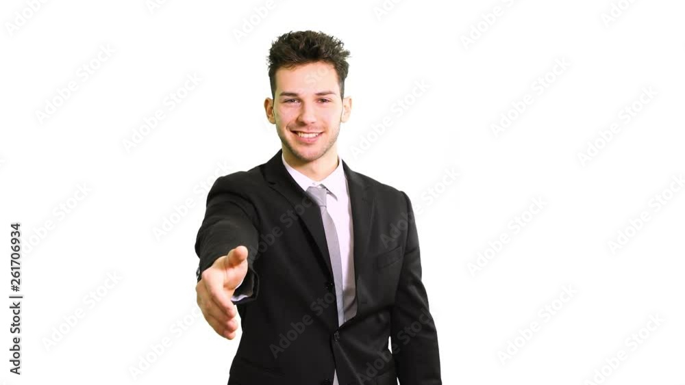 Young manager giving you a handshake isolated on white Young manager giving you a handshake isolated on white