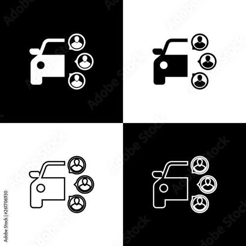 Set Car sharing with group of people icons isolated on black and white background. Carsharing sign. Transport renting service concept. Line, outline and linear icon. Vector Illustration