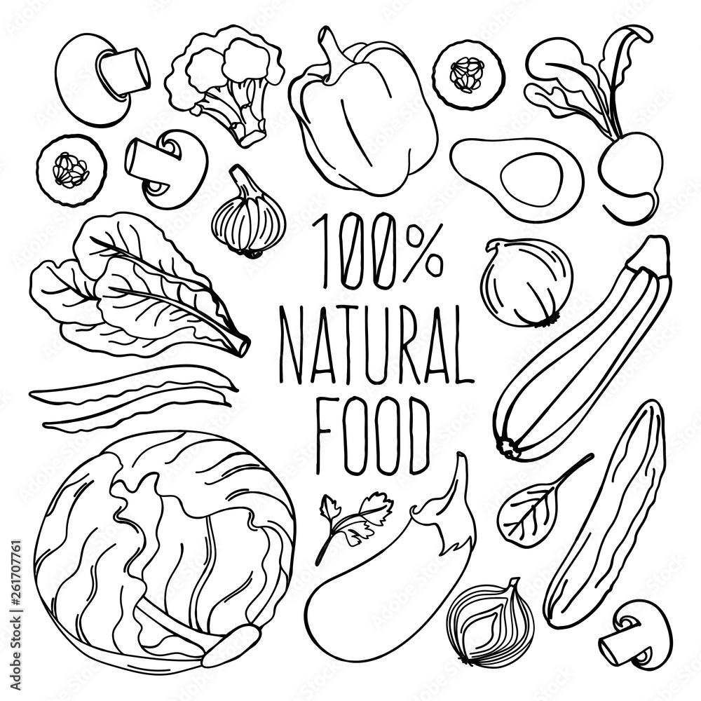 VEGETABLES MONOCHROME Vegetarian Diet Proper Nutrition Vector Illustration Set for Print Fabric and Decoration