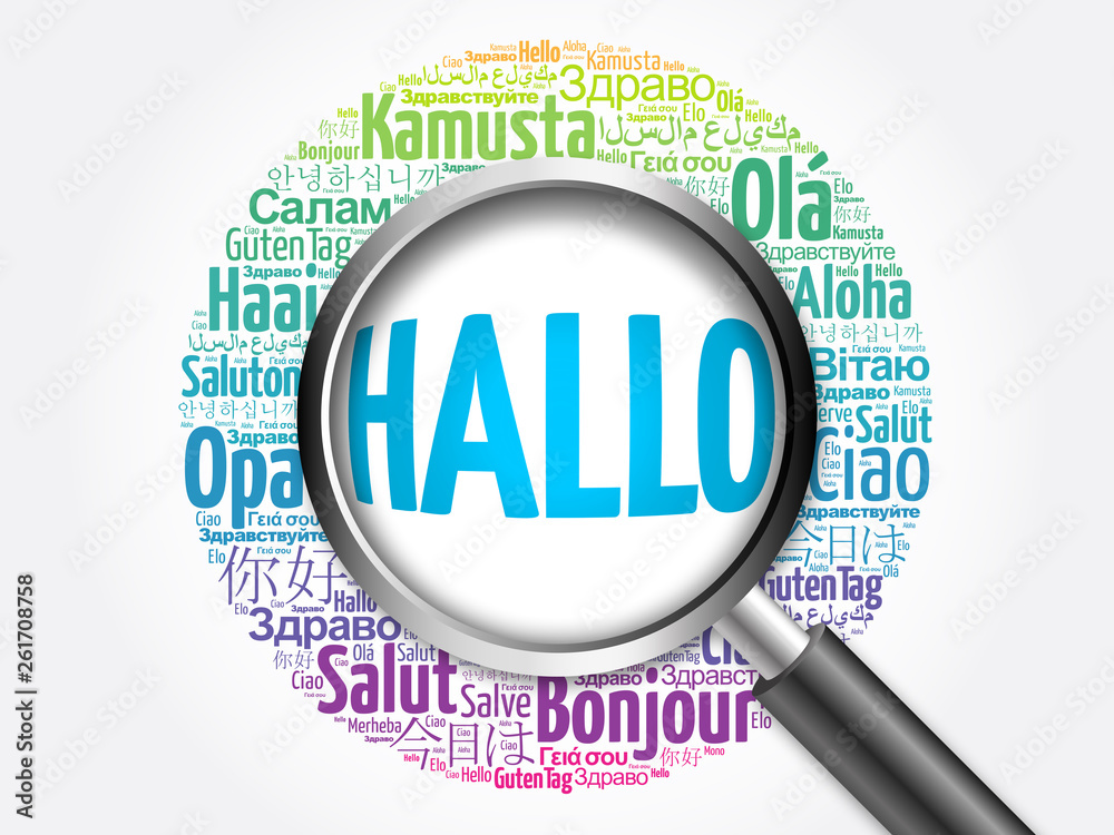 Hallo (Hello Greeting in German) word cloud in different languages of the world with magnifying glass, background concept 3D illustration Hallo (Hello Greeting in German) word cloud in different languages of the world with magnifying glass, background concept 3D illustration