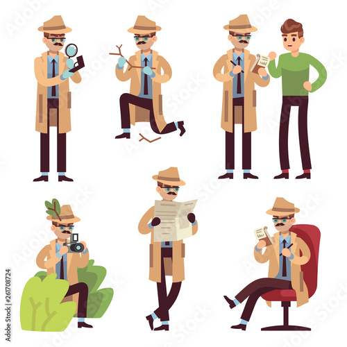 Detective character. Police inspector looking crime photographing case search secret agent solving spy detect cartoon vector isolated