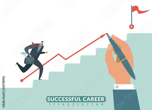 Stair to the goal. Path to success business career, businessman stairway to target and growth employeeman vector illustration