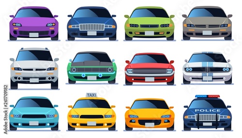 Car front view set. Urban city traffic vehicle model cars. Police and taxy color fast auto traffic driving flat vector collection