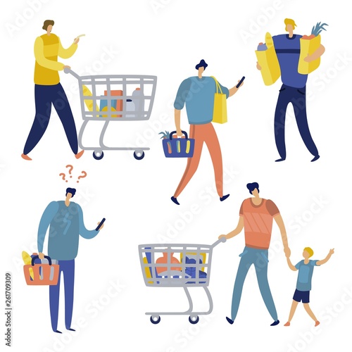 Shopping list. Man in supermarket shop for family. Cart consume lifestyle retail purchase store shopaholic mall shopper flat vector set
