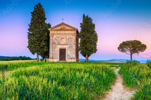 Stampa su Tela Cozy Vitaleta chapel and grain field at sunset, Tuscany, Italy