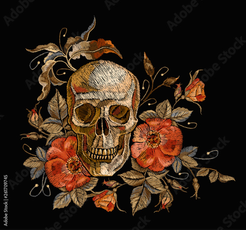 Embroidery skull and roses. Dia de muertos, day of the dead art, clothes template and t-shirt design vector