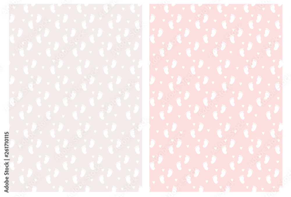 Lovely Baby Girl Feet Seamless Vector Pattern. White Tiny Feet and Hearts Isolated on a Light Gray and Pink Background. Baby Shower Party Decoration. Set of 2 Pastel Color Abstract Nursery Arts.