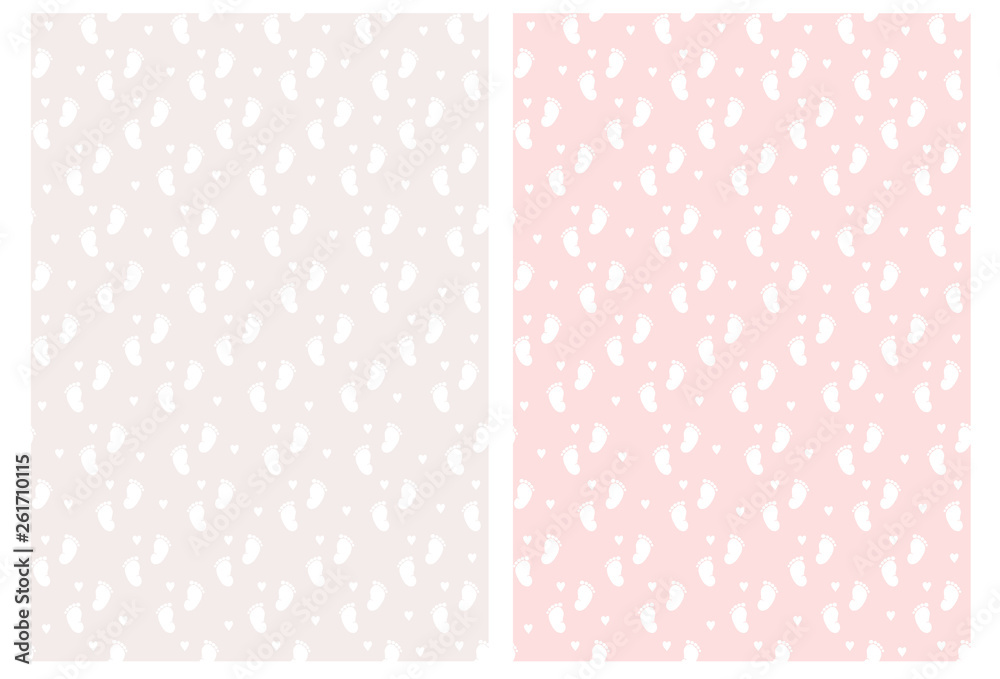 Lovely Baby Girl Feet Seamless Vector Pattern. White Tiny Feet and Hearts Isolated on a Light Gray and Pink Background. Baby Shower Party Decoration. Set of 2 Pastel Color Abstract Nursery Arts. Lovely Baby Girl Feet Seamless Vector Pattern. White Tiny Feet and Hearts Isolated on a Light Gray and Pink Background. Baby Shower Party Decoration. Set of 2 Pastel Color Abstract Nursery Arts.