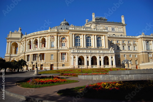 National and Academic Opera and Ballet Theater. Odessa, Ukraine. Europe. Element of architecture. Building on the blue sky background.