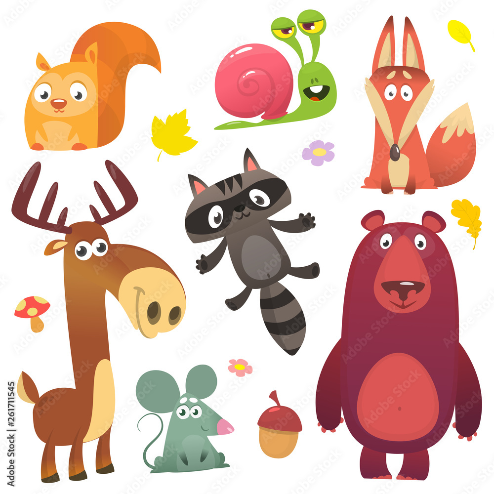 Cartoon forest animal characters. Wild cartoon cute animals set. Big set of cartoon  forest animals flat vector illustration design. Squirrel, snail,raccoon,  mouse, fox,deer or moose, bear Stock Vector | Adobe Stock