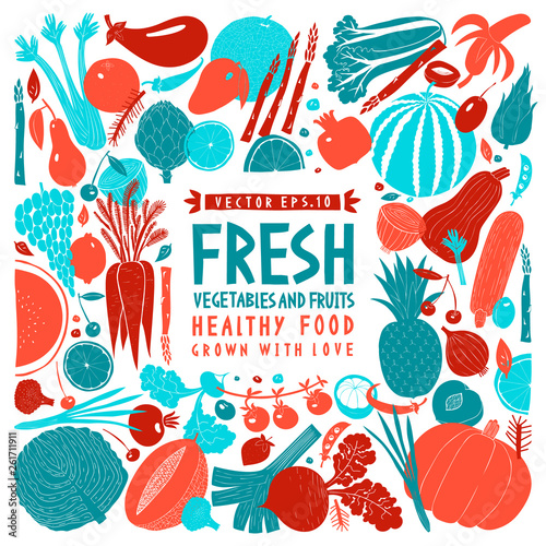 Fun hand drawn vegetables and fruits design template. Food background. Linocut style. Healthy food. Vector illustration