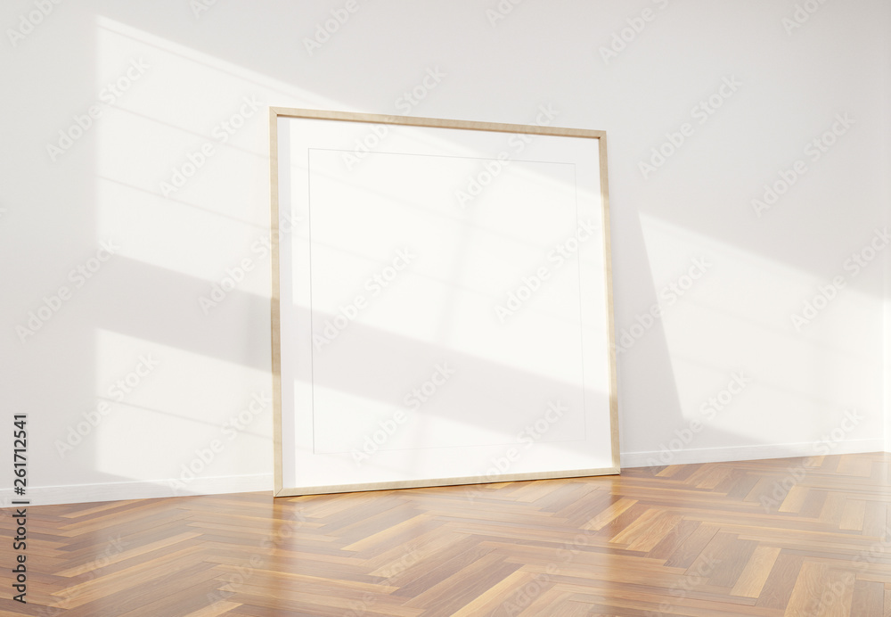 Fototapeta premium Wooden frame leaning in bright white interior with wooden floor mockup 3D rendering