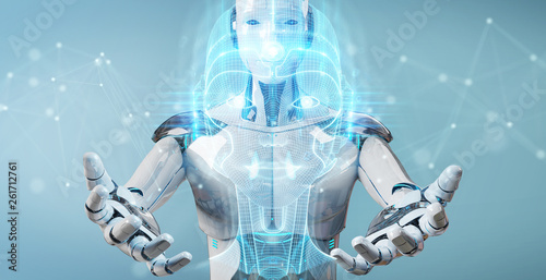 White robot using digital artificial intelligence head interface 3D rendering