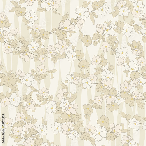 Seamless vector floral pattern with hand drawn cherry flowers in monochrome black and white colors on wave background. Spring blossom print in asian style