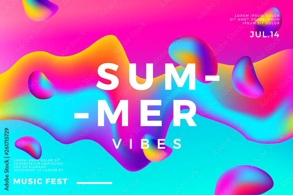 Fototapeta Summer abstract gradient background. Fluid colorful shapes composition. Music fest banner.