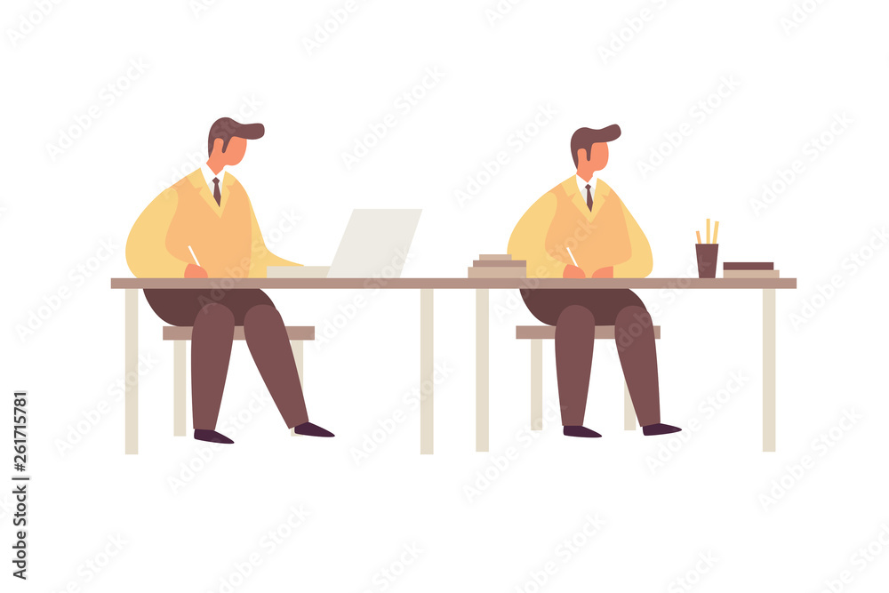 Cartoon young businessmen working at the table on white isolated background. The concept of communication. Teamwork in a command of business people. Vector flat illustration.