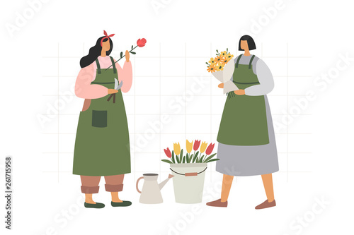 Two girls collect and arrange bouquets on a white isolated background. Florists sell flowers and flower arrangements as a gift and for decoration. Vector illustration in trendy flat style.