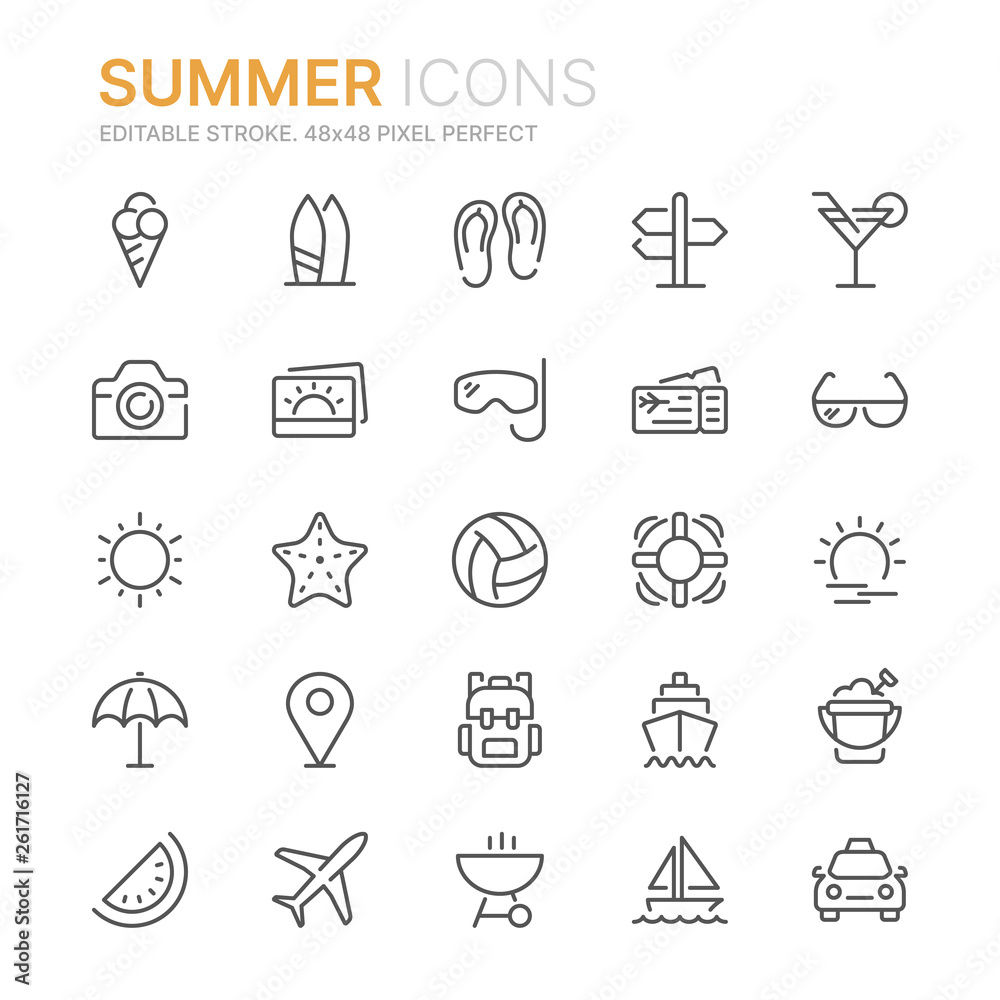 Collection of summer line icons. 48x48 Pixel Perfect. Editable stroke Collection of summer line icons. 48x48 Pixel Perfect. Editable stroke