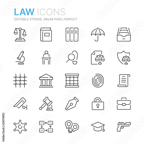 Collection of law and justice line icons. 48x48 Pixel Perfect. Editable stroke