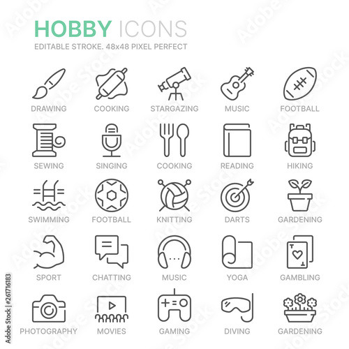 Collection of hobbies line icons. 48x48 Pixel Perfect. Editable stroke photo