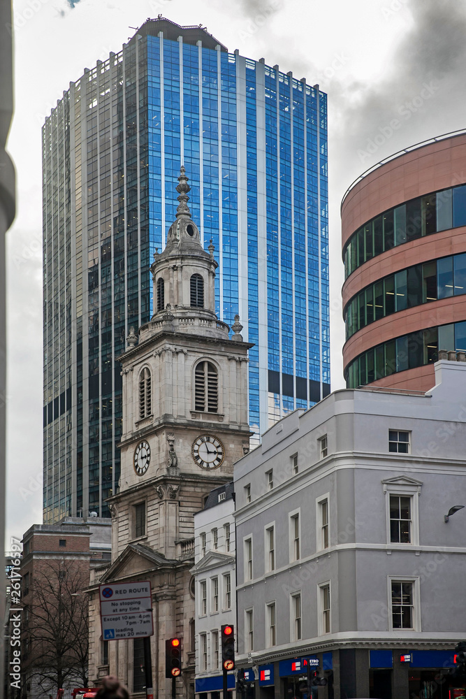 St Botolph-without-Bishopsgate, busy exterior set against modern offices LONDON, UNITED KINGDOM, Architect