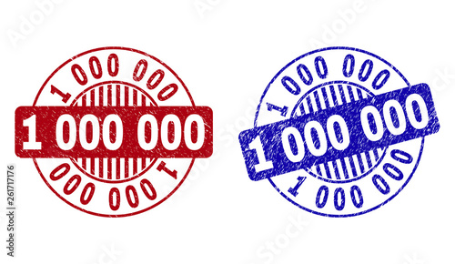Grunge 1000000 round stamp seals isolated on a white background. Round seals with grunge texture in red and blue colors. Vector rubber imitation of 1000000 label inside circle form with stripes.