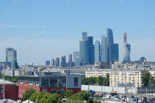Moscow, Russia - June 15, 2018: View of the towers of the "Moscow-city" business center and the third transport ring from the observation deck of the Russian Academy of Sciences