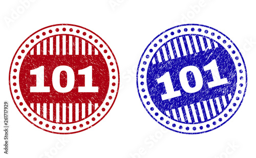 Grunge 101 round stamp seals isolated on a white background. Round seals with grunge texture in red and blue colors. Vector rubber overlay of 101 caption inside circle form with stripes.