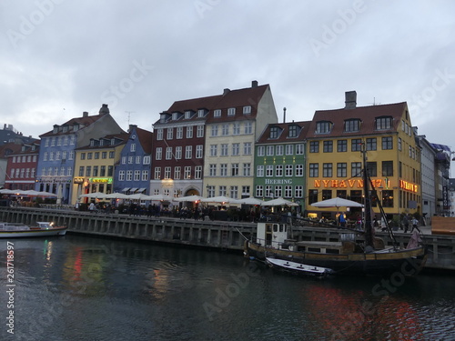 View of Nyhavn. Boats stand on the Nyhavn pier in the city center.