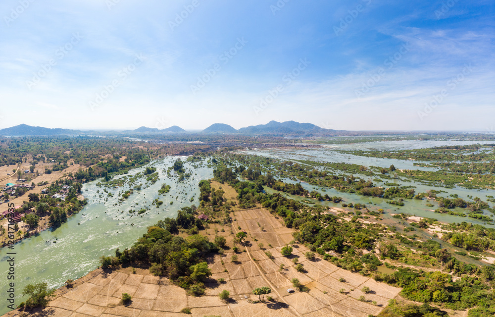 Aerial panoramic 4000 islands Mekong River in Laos, Li Phi waterfalls, famous travel destination backpacker in South East Asia Aerial panoramic 4000 islands Mekong River in Laos, Li Phi waterfalls, famous travel destination backpacker in South East Asia