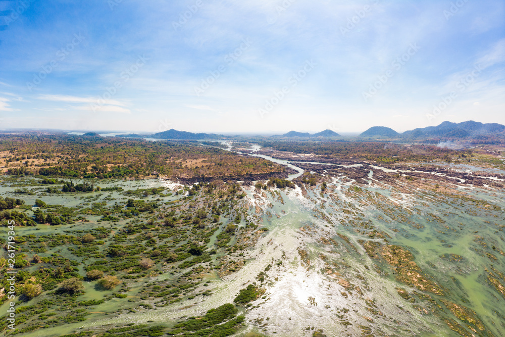 Obraz premium Aerial panoramic 4000 islands Mekong River in Laos, Li Phi waterfalls, famous travel destination backpacker in South East Asia