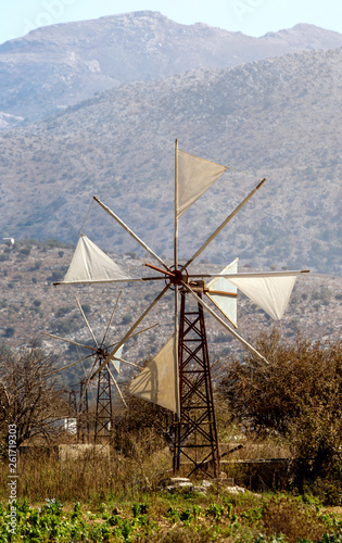 Old windmills  Lassithi area  island Crete  Greece 