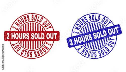 Grunge 2 HOURS SOLD OUT round stamp seals isolated on a white background. Round seals with grunge texture in red and blue colors.