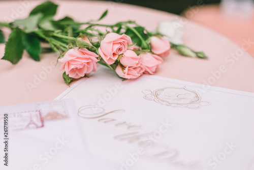 Table leading. Wedding vows and invitations. Wedding decorations. Morning of the bride. In this photo you will find moments of the morning of the bride and wedding decor in nature