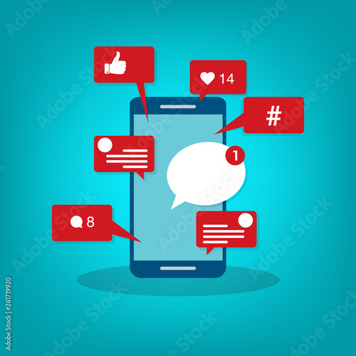 Viral content, social activity and smm - likes, shares and comments popping up on the mobile screen. Vector illustration. 