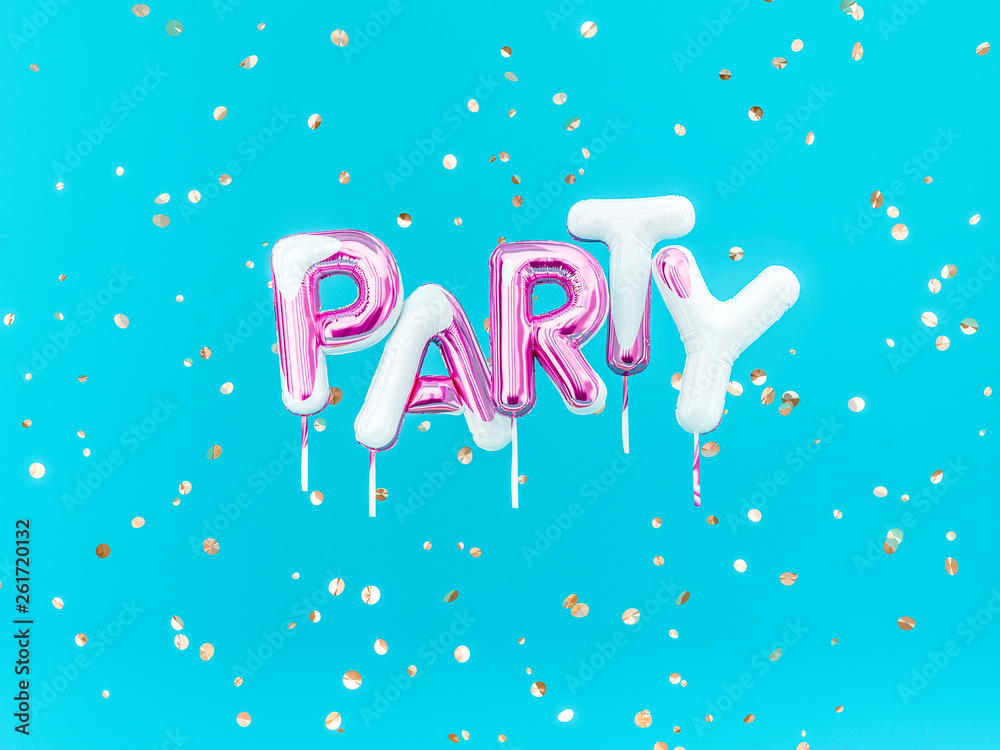 Party letters, foil balloons summer party concept. 3d rendering