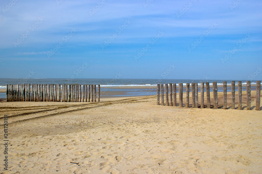 Wave breaker made of wooden stakes on the beach