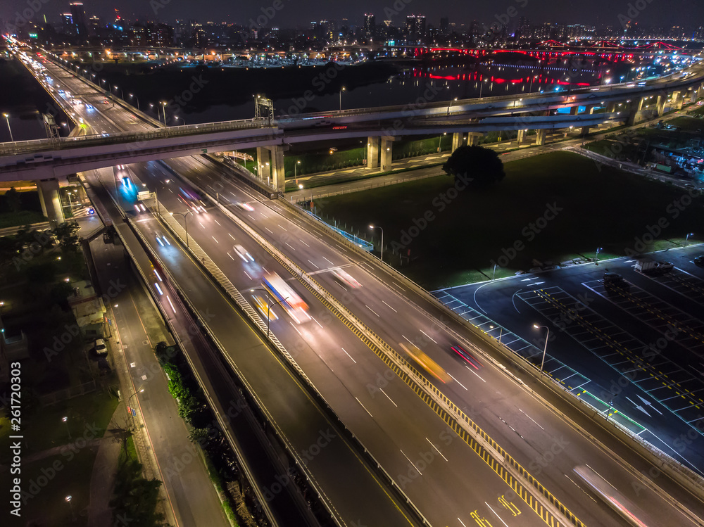 Traffic Aerial View - Traffic concept image, birds eye daytime view use the drone in Taipei, Taiwan.